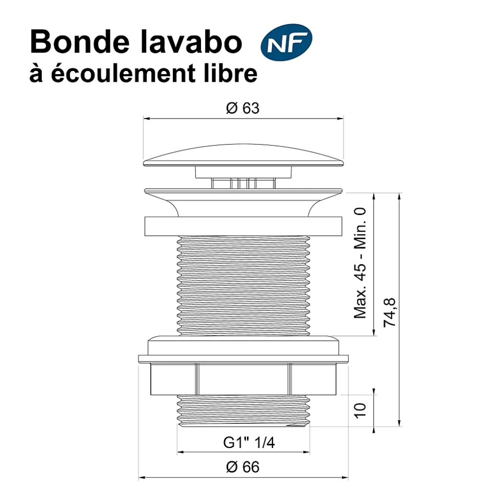 Bonde de lavabo à écoulement libre Ø 66 mm laiton Rousseau blanc