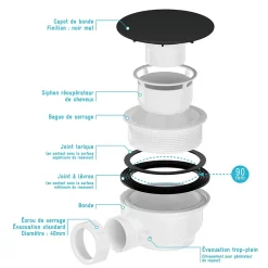 Bonde pour receveur de douche Pure 2/Pedra, capot noir, Galedo