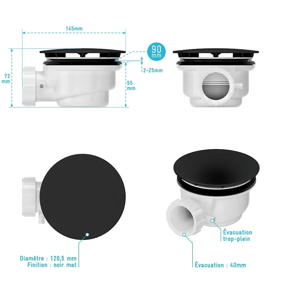 Bonde pour receveur de douche Pure 2/Pedra, capot noir, Galedo