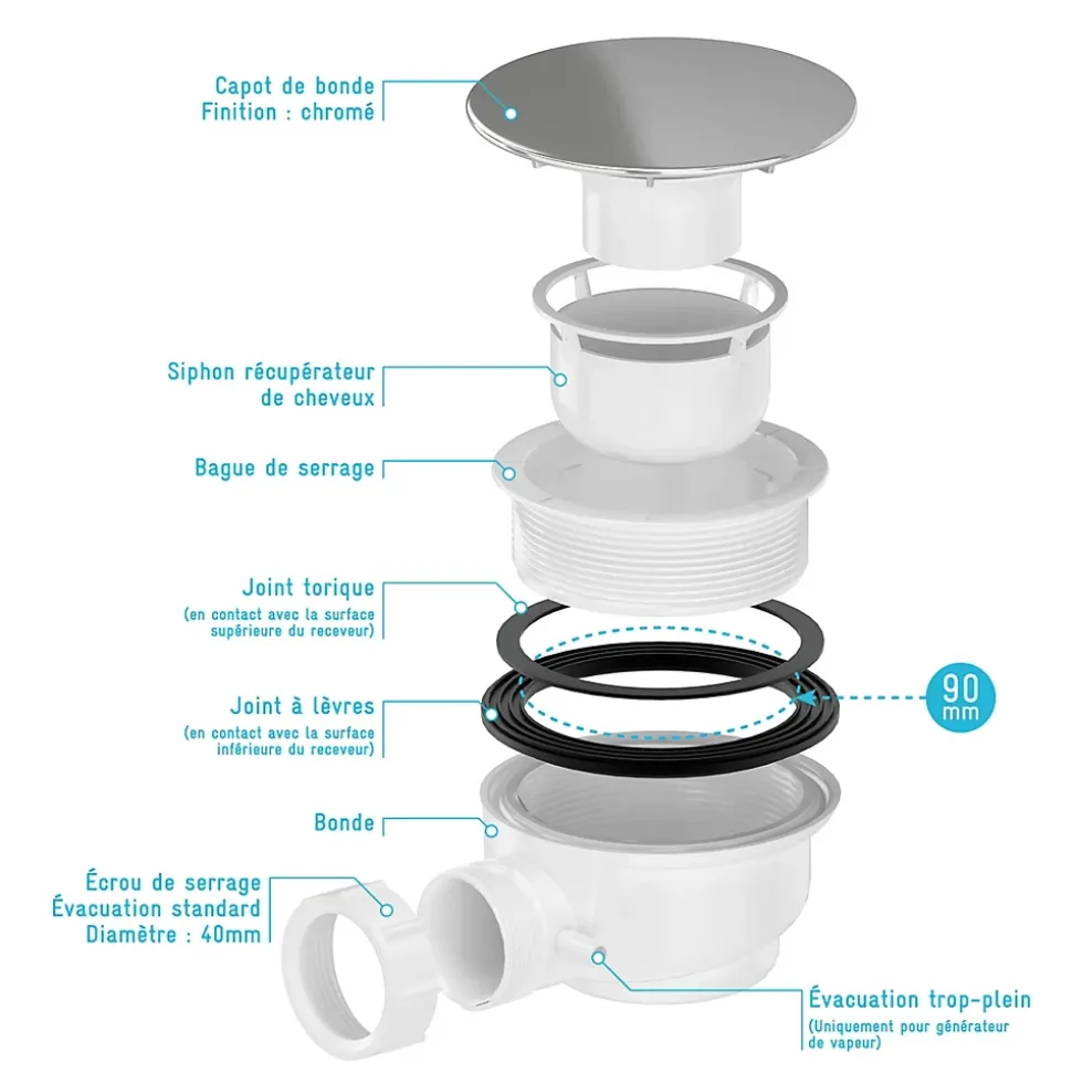 Bonde pour receveur de douche Pure 2/Pedra, capot chrome, Galedo