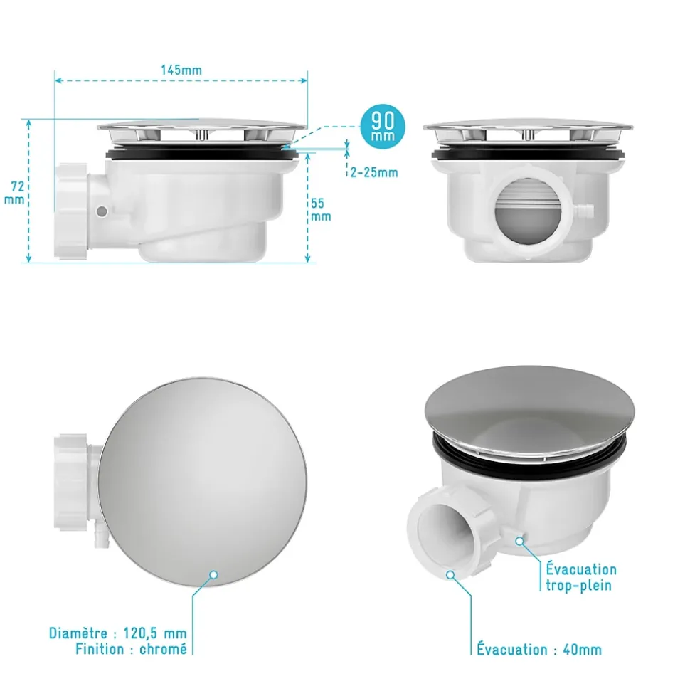 Bonde pour receveur de douche Pure 2/Pedra, capot chrome, Galedo