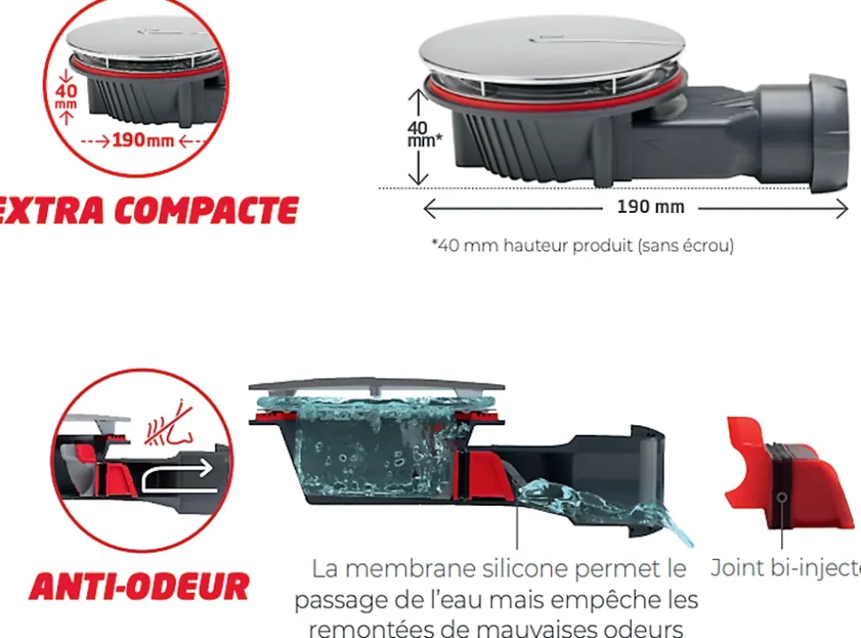 Bonde siphon diam. 90 mm extraplate Wirquin Slim+ à évacuation horizontale pour receveur de douche sortie en 40 mm