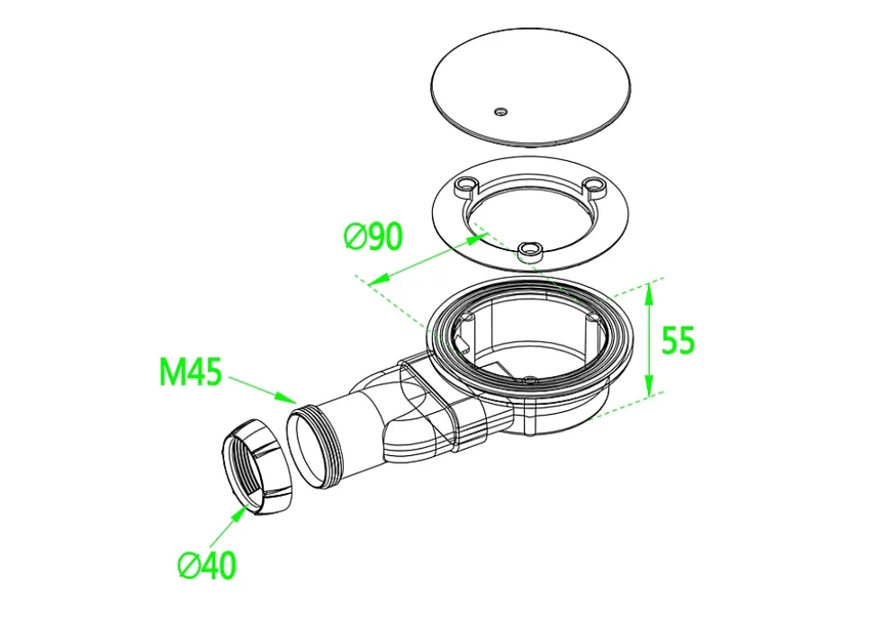 Bonde Siphon extra-plat avec tuyau flexible - Diamètre 90 mm - Siphon de douche - Installation facile et gain de place