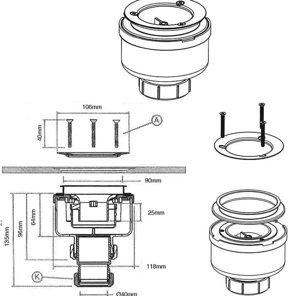 Bonde siphon universelle diam. 90 mm à évacuation verticale pour receveur de douche, sortie en 40 mm ou 50 mm McAlpine