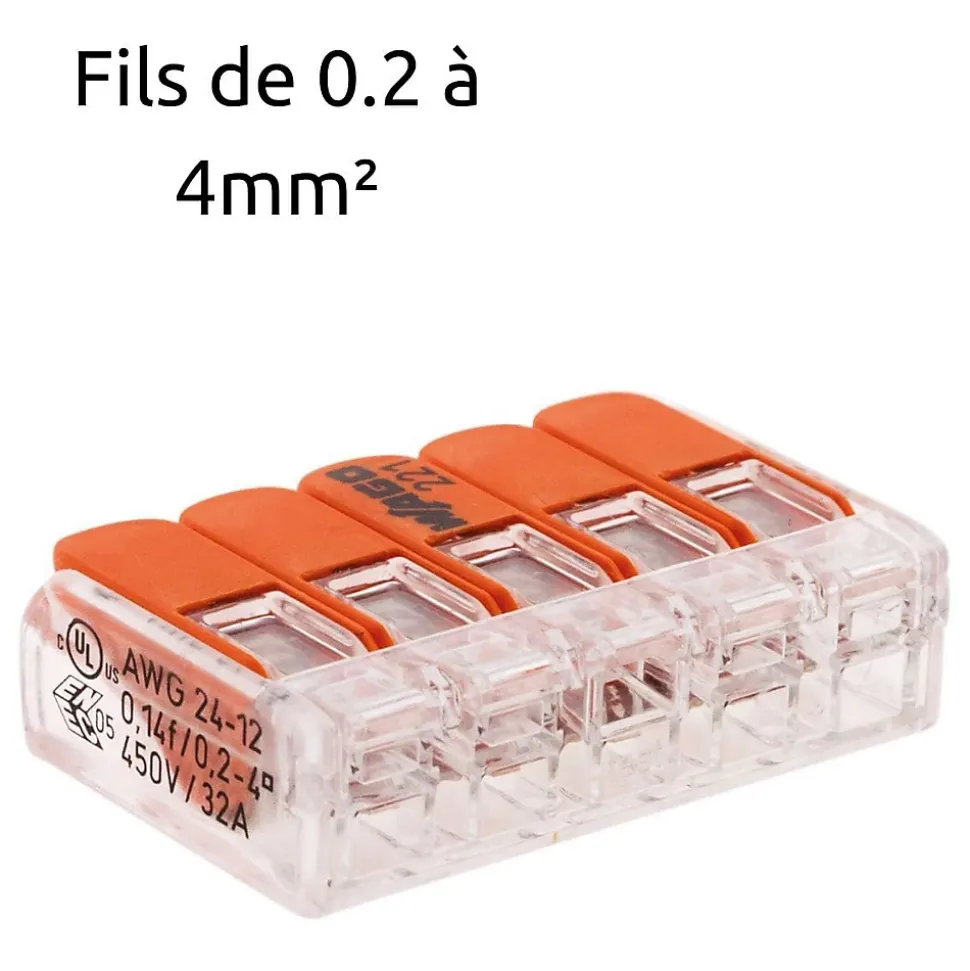 Borne de raccordement S221 5 conducteurs - leviers 4mm² - Wago