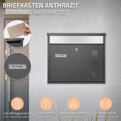 Boîte aux lettres anthracite-argent avec support métallisé 120cm+ kit de montage