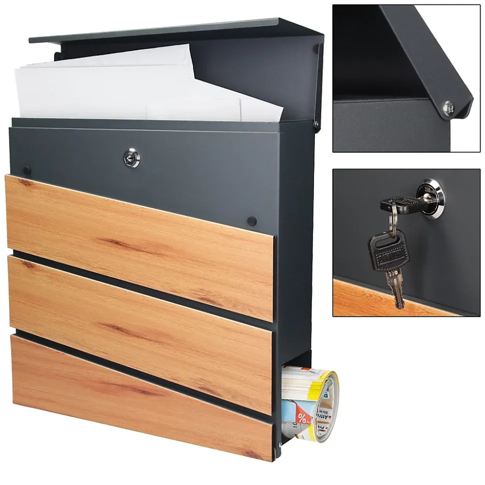 Boîte aux lettres anthracite / imitation bois avec support acier et kit montage