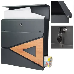 Boîte aux lettres anthracite/bois naturel avec support argenté acier inoxydable