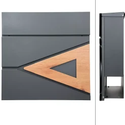Boîte aux lettres anthracite/bois naturel avec support argenté acier inoxydable