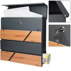 Boîte aux lettres moderne en acier anthracite imitation bois murale avec 2 clés
