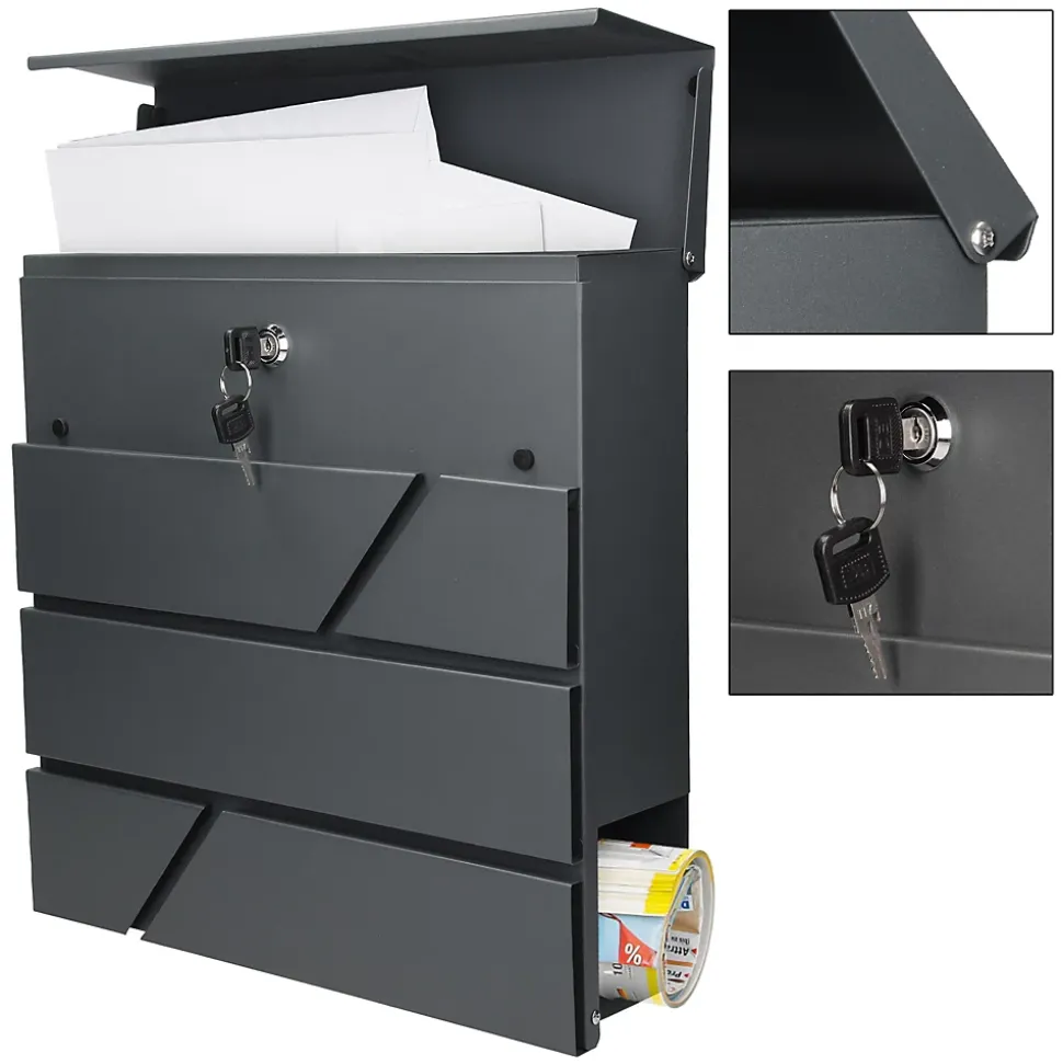 Boîte aux lettres murale anthracite avec 2 clés compartiment à journaux postale