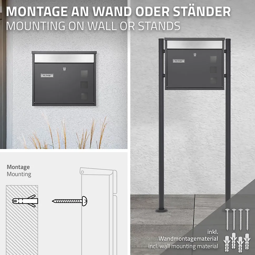 Boîte aux lettres murale avec porte-journaux acier inoxydable anthracite moderne