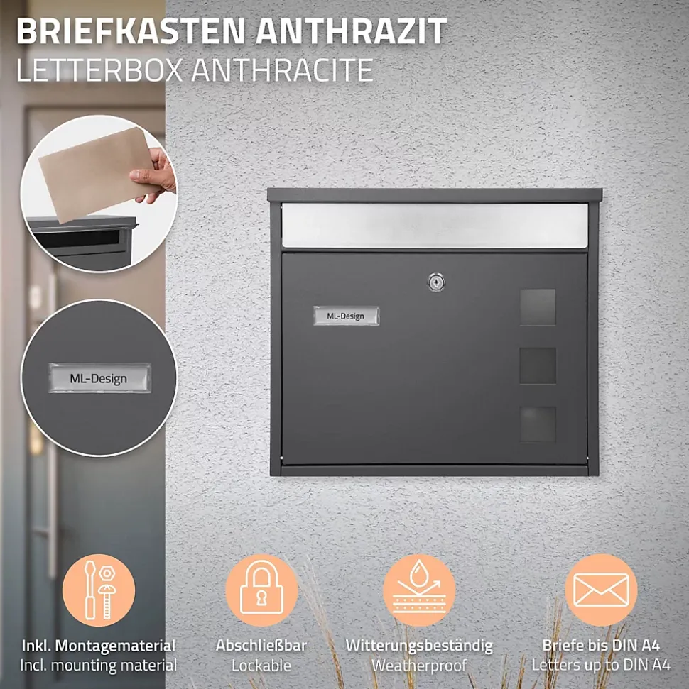 Boîte aux lettres murale avec porte-journaux acier inoxydable anthracite moderne