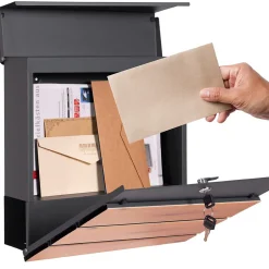 Boîte aux lettres murale anthracite design bois avec 2 clés inclus 11x37x26,5 cm