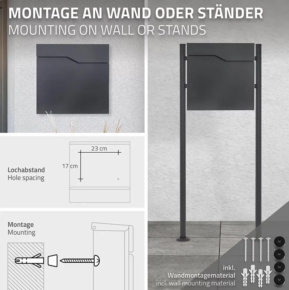 Boîte aux lettres murale en acier anthracite avec rouleau à journaux 37x37x11 cm