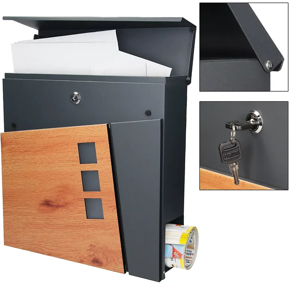 Boîte aux lettres murale moderne en acier anthracite aspect bois + 2 clés inclus