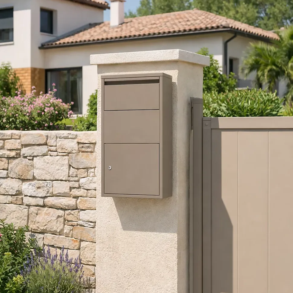 Boîte aux lettres murale taupe en acier galvanisé avec cylindre de sécurité et 2 clés