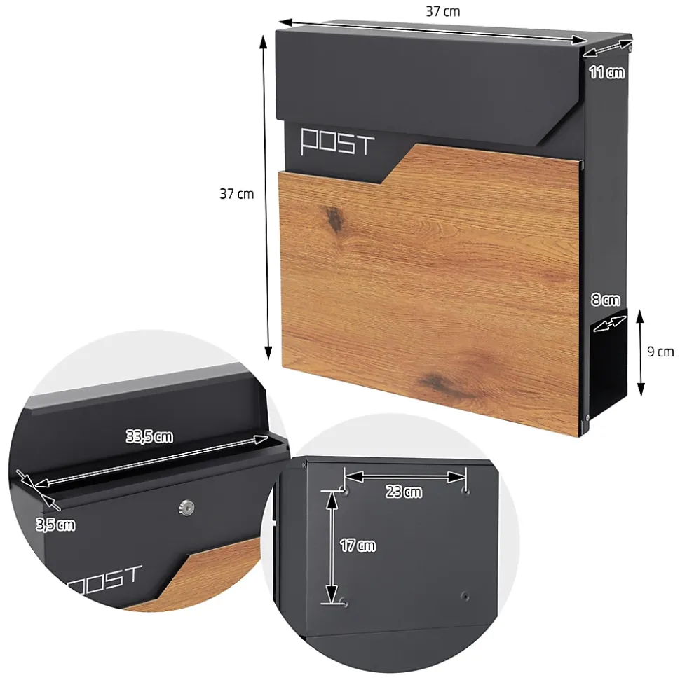 Boîte aux lettres sur pieds boîte postale anthracite/aspect bois +support argent