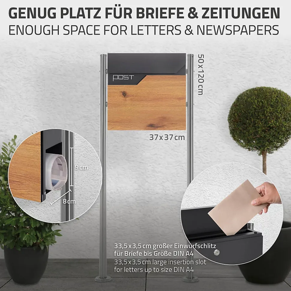 Boîte aux lettres sur pieds boîte postale anthracite/aspect bois +support argent