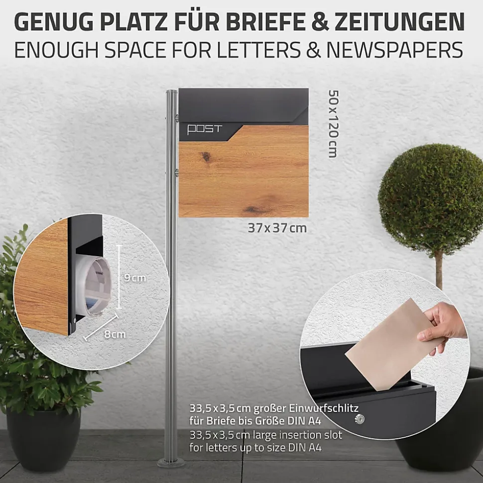 Boîte aux lettres sur pied piedestal boîte postale anthracite/aspect bois modern