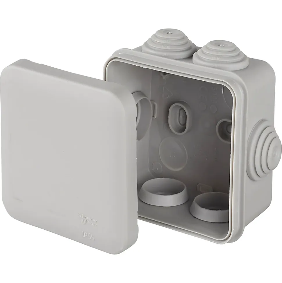 Boîte de dérivation carrée extérieure avec 7 passe-câbles et système de verrouillage 65 x 65 x 45 mm Schneider Electric Mureva Box gris