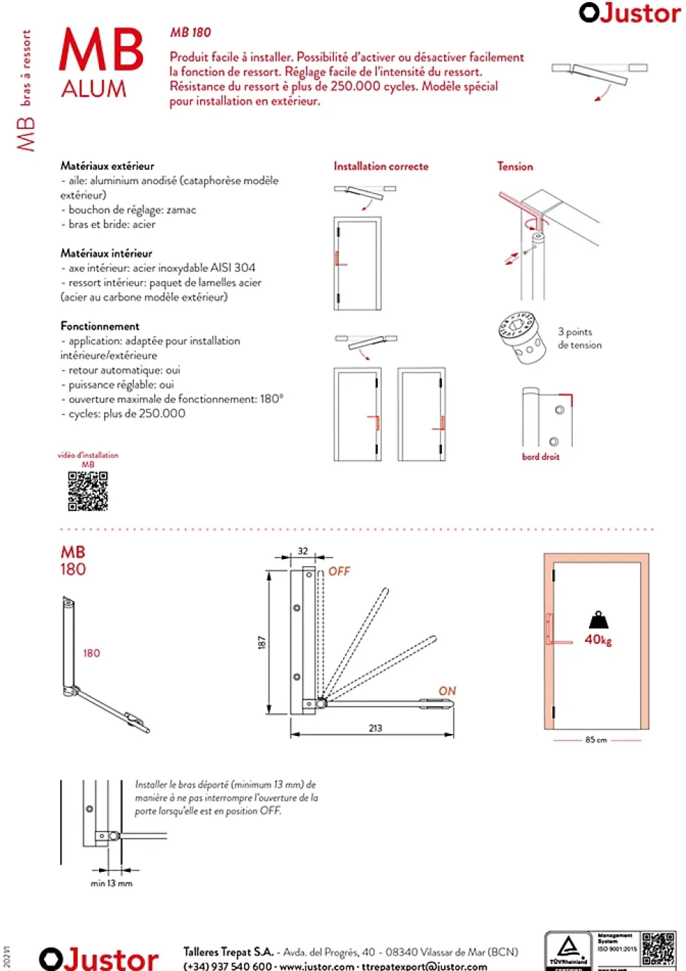 Bras à ressort ferme porte, a corps très fin en Aluminium anodisé or