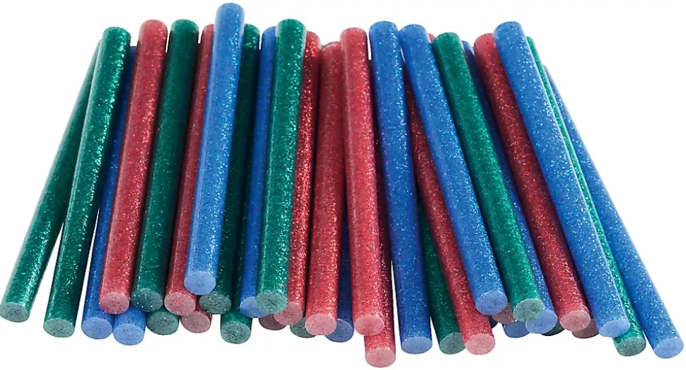 Bâton de colle pailletée pour décoration Ø7mm x 94mm, lot de 36 x 3 couleurs (rouge, bleu, vert)