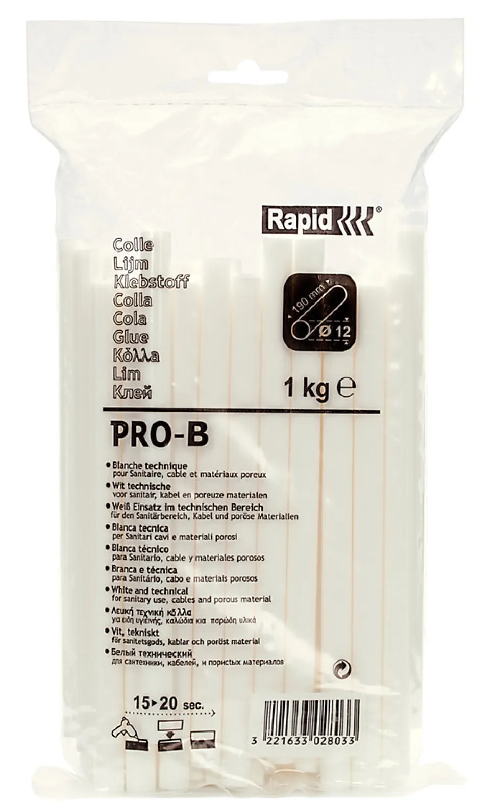 Bâtons de colle Ø 12 mm à usage général. 1 kg. Sac plastique