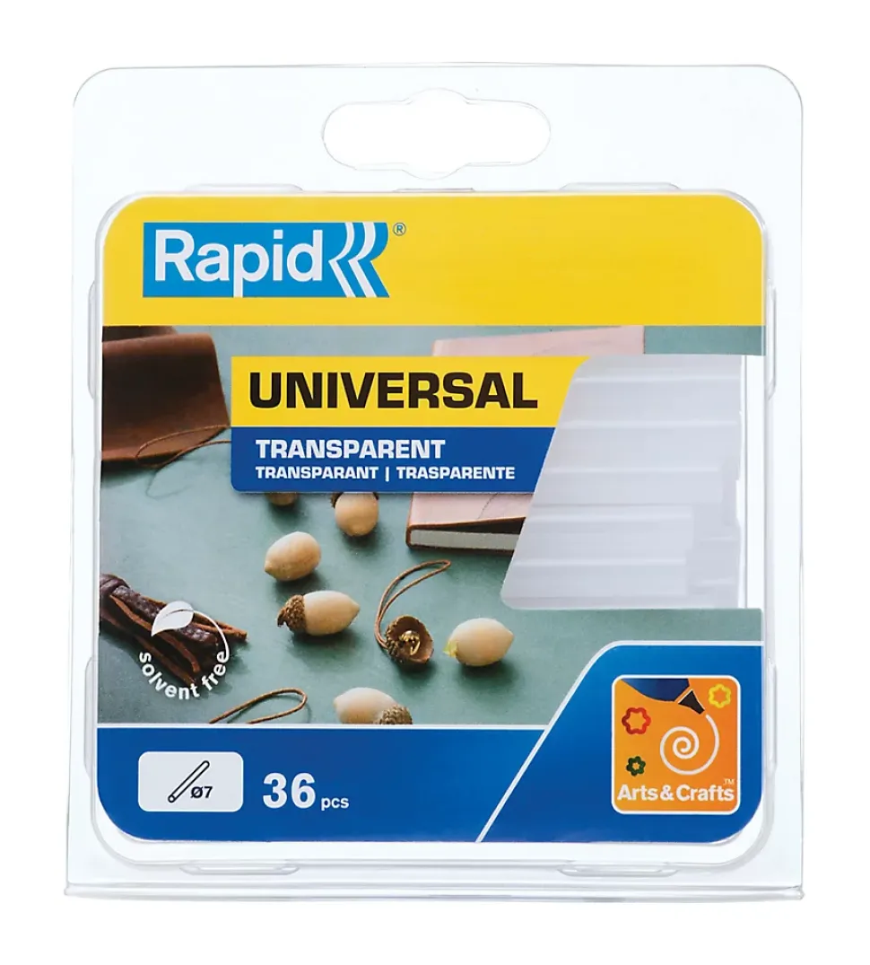 Bâtons de colle transparente universelle 7 mm. Paquet de 36 bâtons courts.
