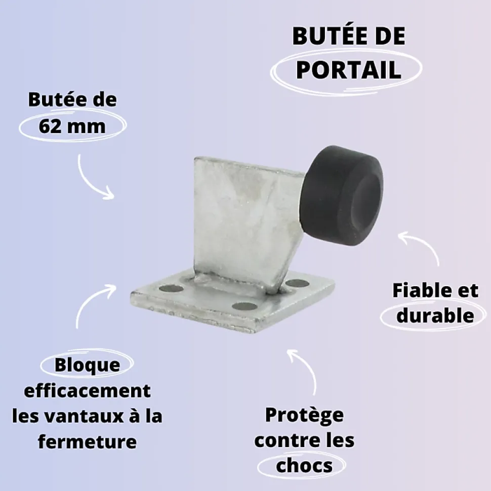Butée de portail - Acier zingué blanc - 62mm - Fixations au sol
