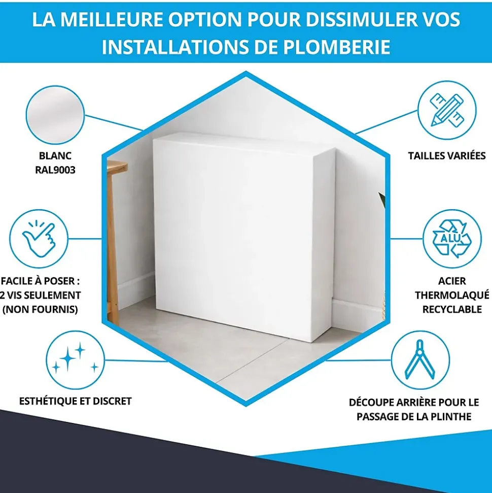 Cache nourrice plomberie ATOLE en acier Blanc - Largeur fixe - Taille 2 : 450 x 650 x 150 mm