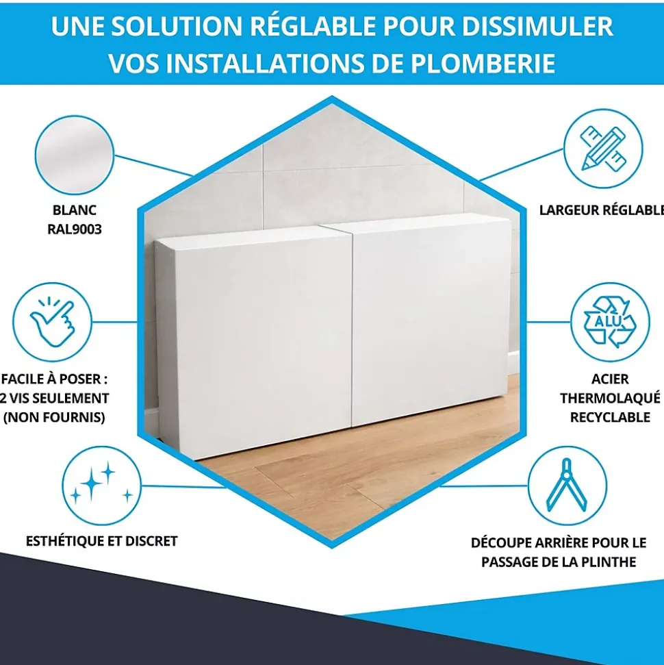 Cache nourrice plomberie ATOLE en acier Blanc - Largeur réglable - Taille 2 : 450 x 605 à 1150 x 150 mm