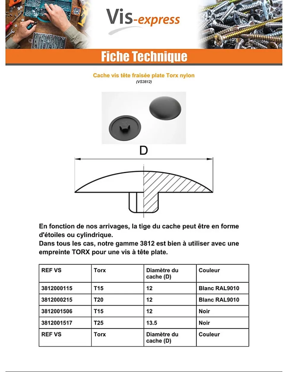 Cache vis Tête fraisée TORX TORX T25 Diamètre de tête: 13.5 nylon blanc - 100 pièces
