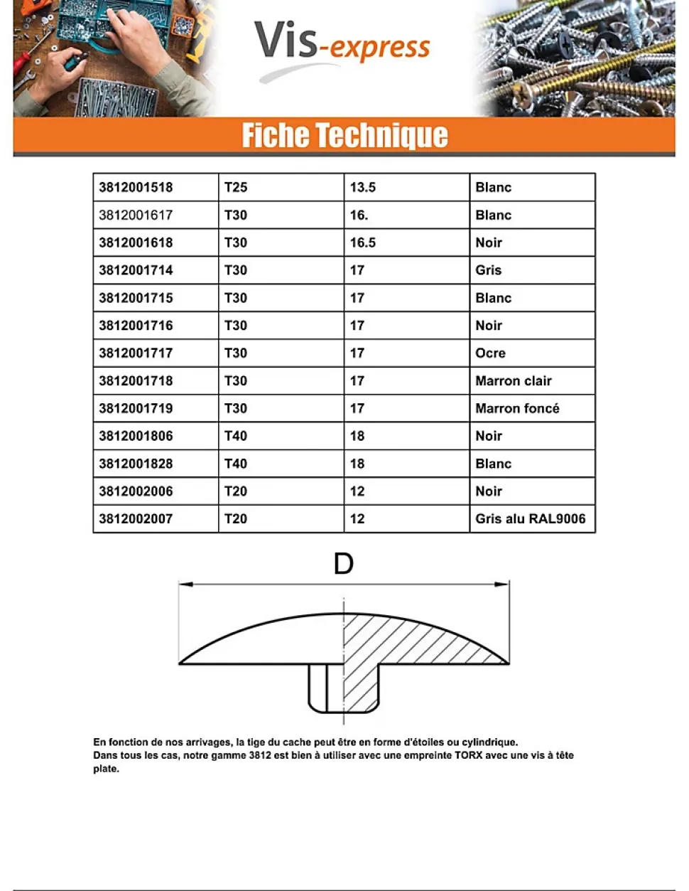 Cache vis Tête fraisée TORX TORX T25 Diamètre de tête: 13.5 nylon blanc - 100 pièces