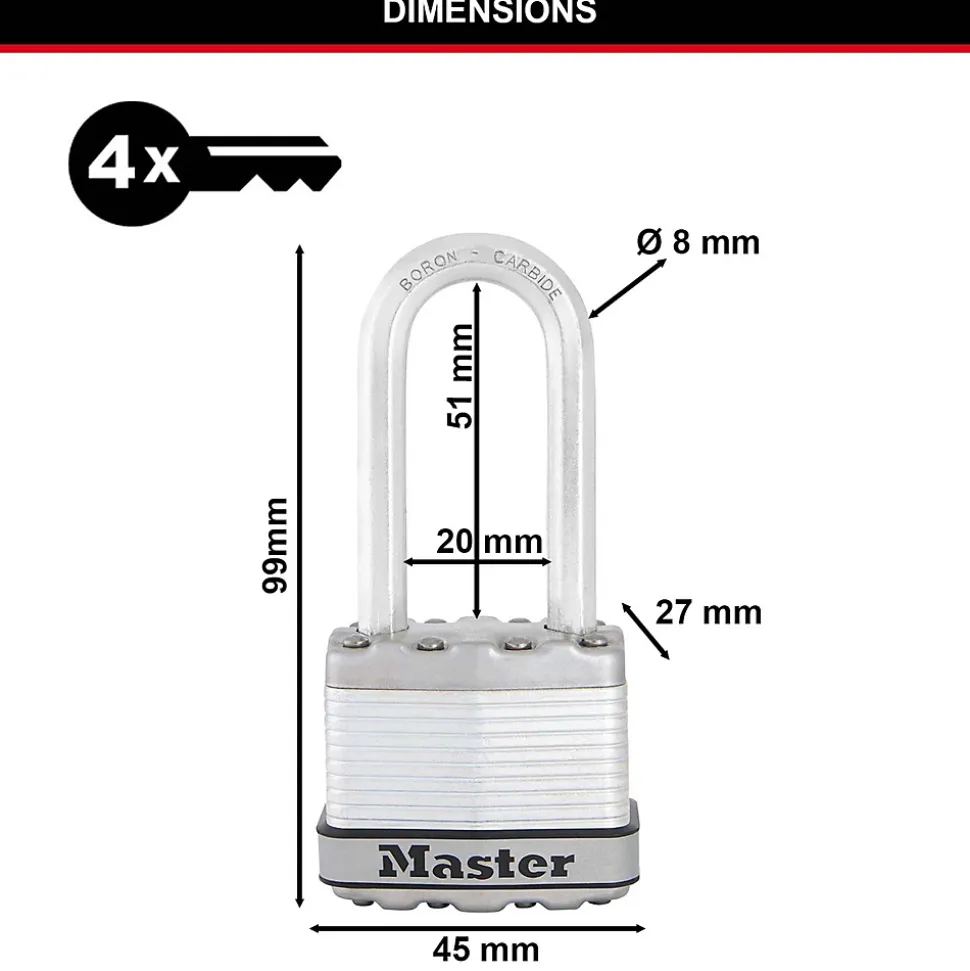 Cadenas à clé Master Lock Excell M1EURDLH acier laminé l.45 mm hauteur de l'anse 51 mm