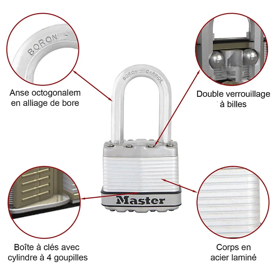 Cadenas à clé Master Lock Excell M40EURD disque en acier inoxydable Ø70 mm hauteur de l'anse 16 mm