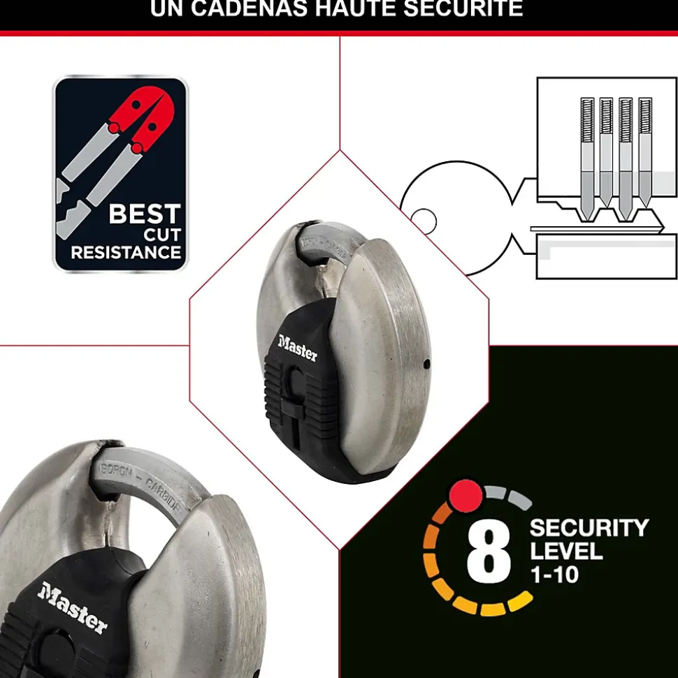 Cadenas à clé Master Lock Excell M40EURT disque en acier inoxydable Ø. 70 mm hauteur de l'anse 16 mm vendu par 2