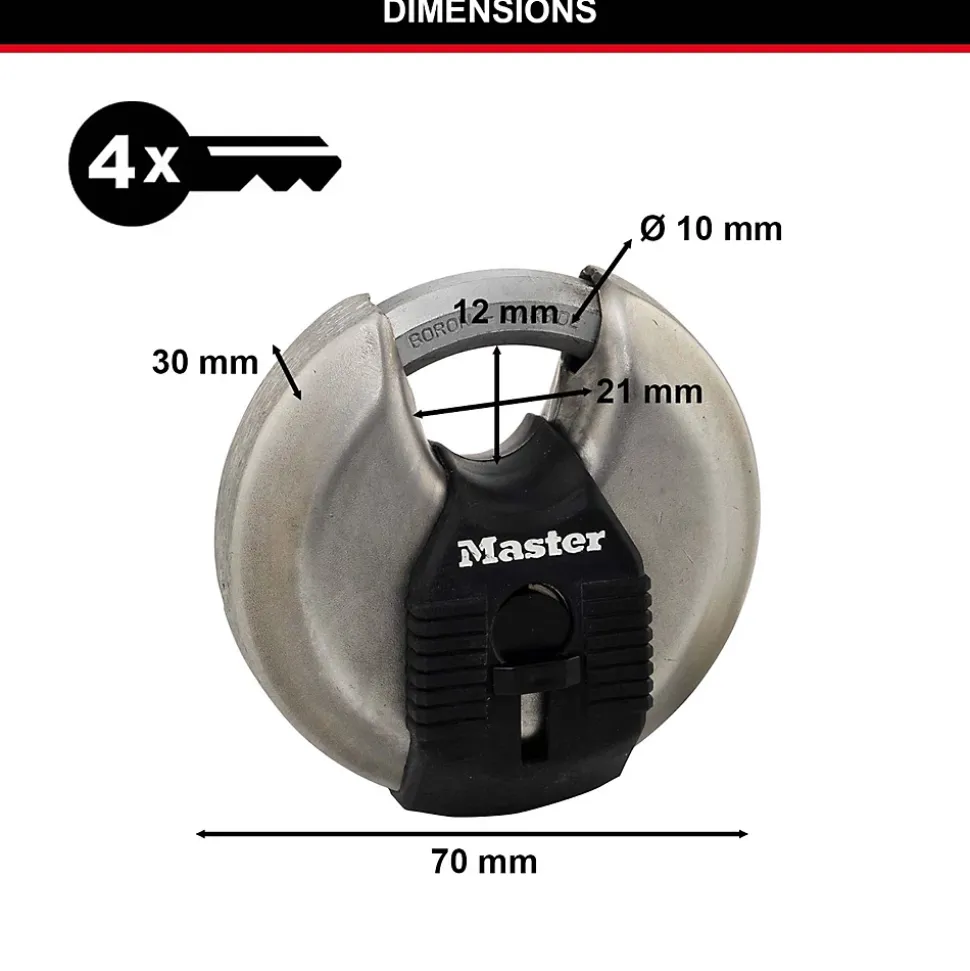 Cadenas à clé Master Lock Excell M40EURT disque en acier inoxydable Ø. 70 mm hauteur de l'anse 16 mm vendu par 2