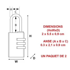 Cadenas à combinaison Master Lock 7620EURT aluminium l.20 mm hauteur de l'anse 21 mm vendu par 2