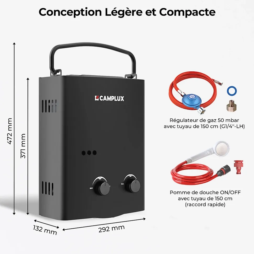 CAMPLUX AY132B-DE Chauffe-eau instantanés portables de 5L/min au gaz Propane/Butane (50mbar)