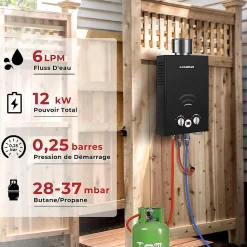 CAMPLUX BW158BC Chauffe-eau instantané au propane/butane 6 l/min 30/37 mbar avec housse contre la pluie