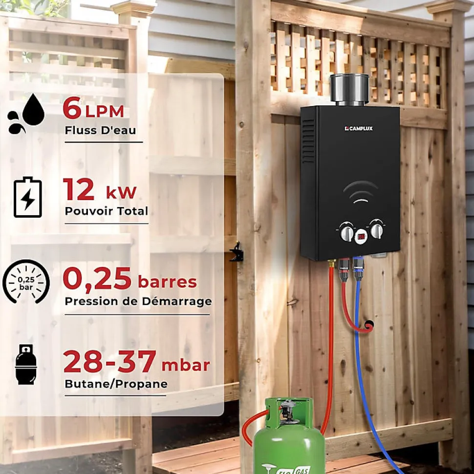 CAMPLUX BW158BC Chauffe-eau instantané au propane/butane 6 l/min 30/37 mbar avec housse contre la pluie