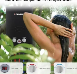 CAMPLUX BW158BC Chauffe-eau instantané au propane/butane 6 l/min 30/37 mbar avec housse contre la pluie
