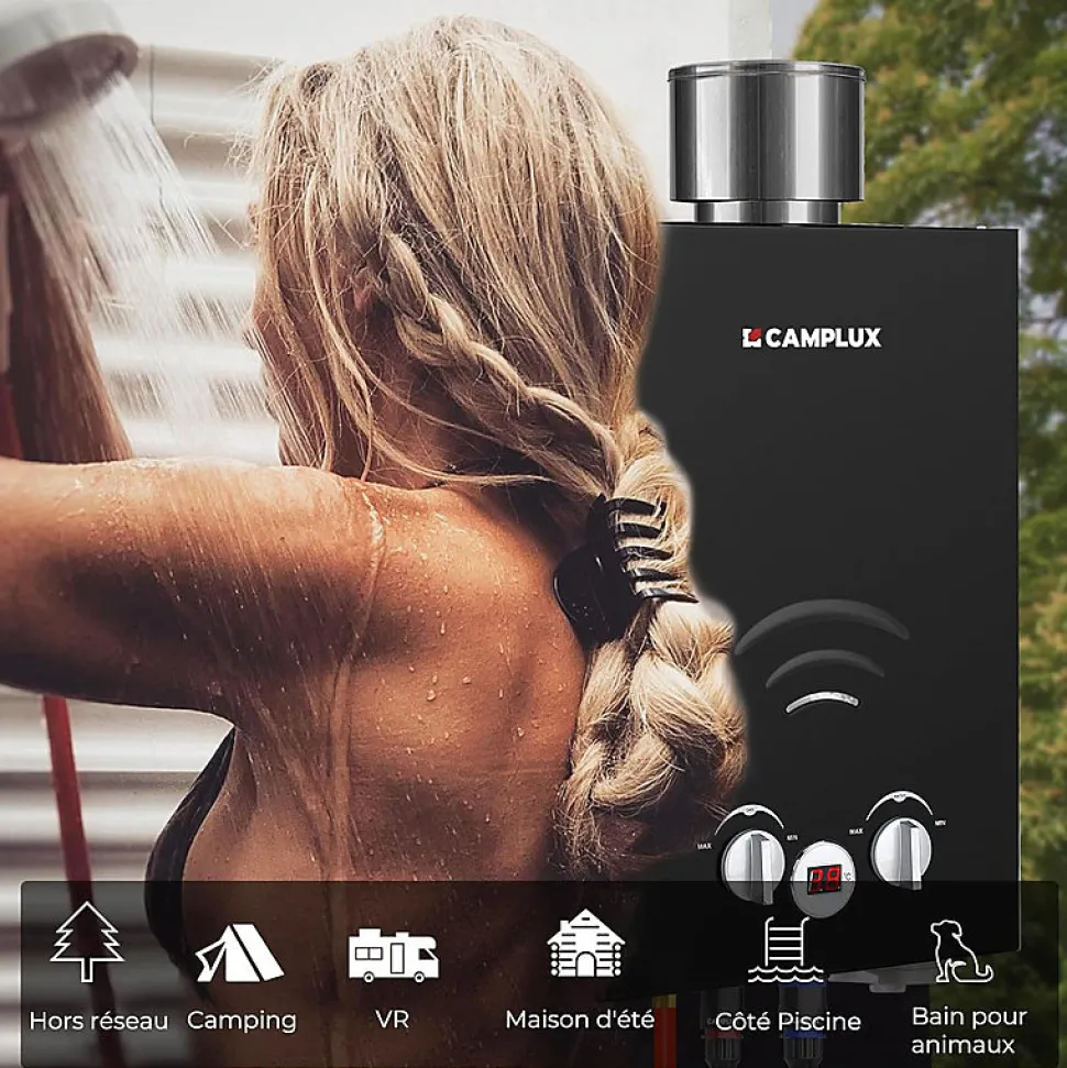 CAMPLUX BW158BC Chauffe-eau instantané au propane/butane 6 l/min 30/37 mbar avec housse contre la pluie