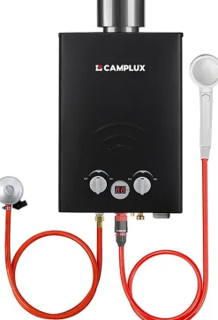 CAMPLUX BW158BC Chauffe-eau instantané au propane/butane 6 l/min 30/37 mbar avec housse contre la pluie