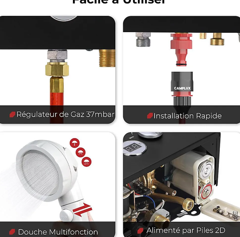 CAMPLUX BW158BC Chauffe-eau instantané au propane/butane 6 l/min 30/37 mbar avec housse contre la pluie