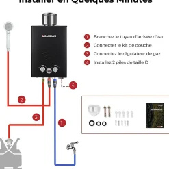 CAMPLUX BW158BC Chauffe-eau instantané au propane/butane 6 l/min 30/37 mbar avec housse contre la pluie