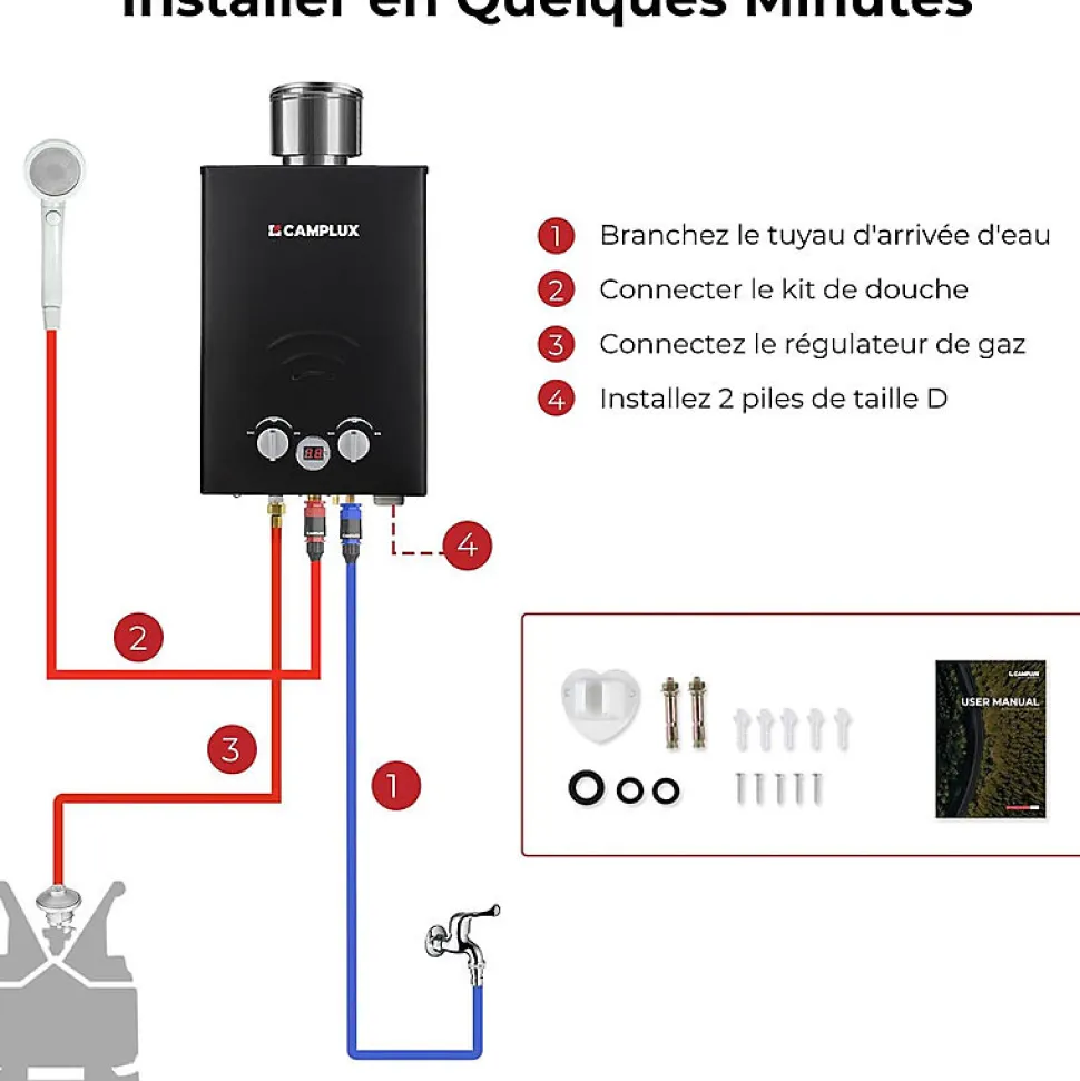 CAMPLUX BW158BC Chauffe-eau instantané au propane/butane 6 l/min 30/37 mbar avec housse contre la pluie
