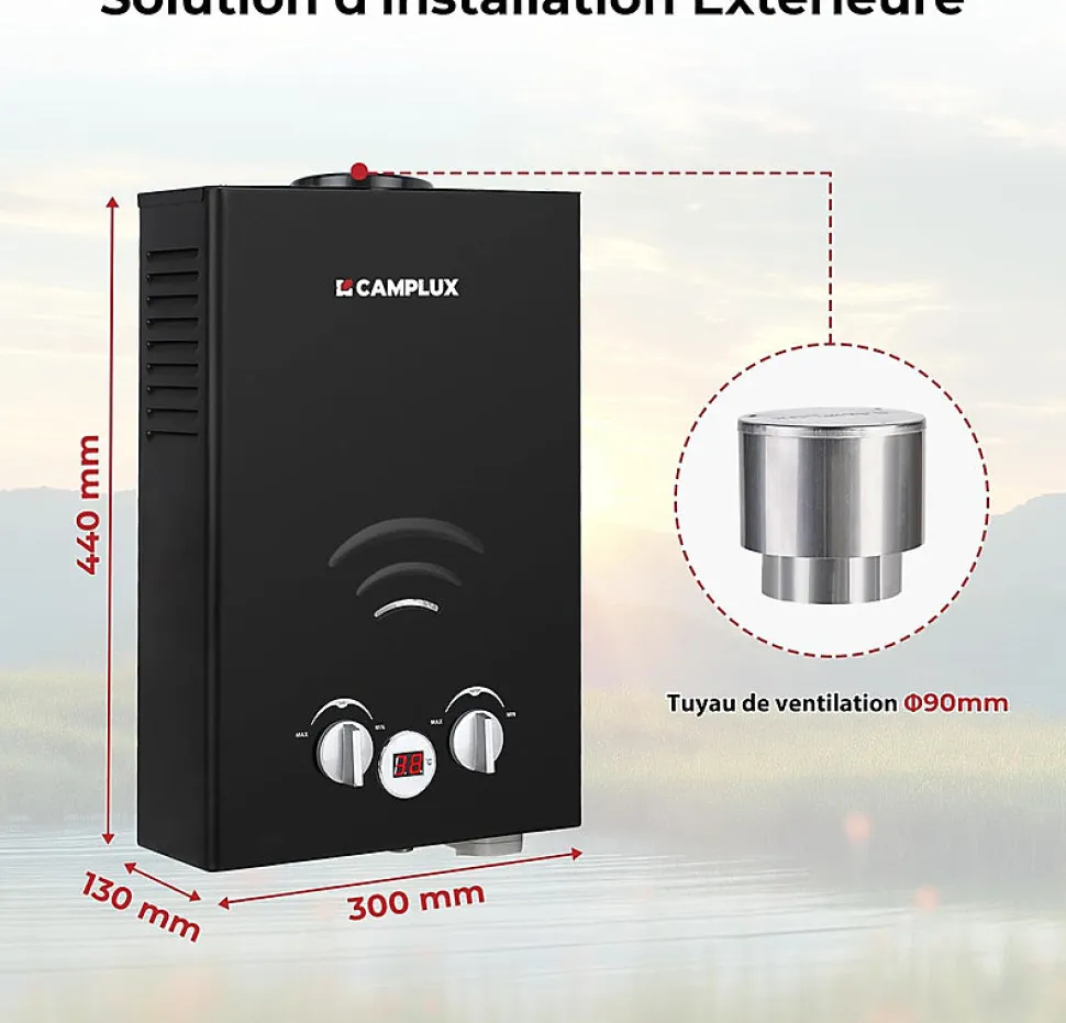 CAMPLUX BW158BC Chauffe-eau instantané au propane/butane 6 l/min 30/37 mbar avec housse contre la pluie