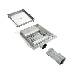Caniveau de douche à carreler carré CIREA 20 x 20 cm, siphon anti-odeurs, drainage 36l/min, hauteur réglable SANIVERRE